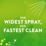 Green background graphic with bold white text highlighting widest spray and fastest clean message