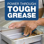 Hands scrubbing a greasy metal baking pan with a scouring pad, overlaid by a bold 'Power Through Tough Grease' banner.