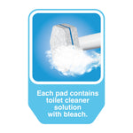 Close-up graphic of a scrubbing pad releasing foam with text noting pads contain cleaner with bleach
