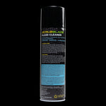 Rear label of Scrubblade glass cleaner aerosol can on black background with text panel