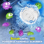 Stylized swirling scrub brush head with water splash and cartoon germs, branded Scrubtastic Max powerful handheld scrubber text.