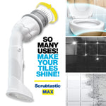 Angled close-up of a Scrubtastic Max scrubber head with infographic tiles and toilet cleaning illustrations.