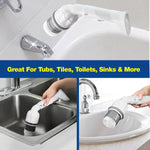 Scrubtastic Max scrubber shown cleaning a tub spout with two inset photos of the tool cleaning a sink and basin.