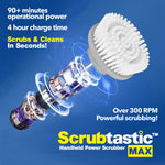 Exploded motor graphic and round scrub brush head with text highlighting over 300 RPM and charge/run time on blue background.