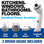 Scrubtastic Max handheld power scrubber shown with cone and flat brush heads and AC adapter on white background.