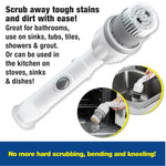 White Scrubtastic Max power scrubber angled with text describing bathroom and kitchen cleaning and inset usage photos.