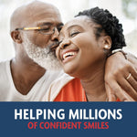 Lifestyle image of a smiling couple embracing above a banner stating ‘helping millions of confident smiles’