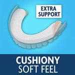 Illustration of an upper denture with an adhesive seal and text reading ‘Cushiony Soft Feel’ and ‘Extra Support’