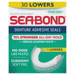 Retail box front of Sea•Bond denture adhesive seals labeled 30 lowers with branding and product benefit callouts