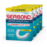 Four stacked boxes of SEA•BOND denture adhesive seals showing packaging front