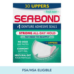 Front packaging of Sea-Bond denture adhesive seals for uppers with brand logo and product benefits listed