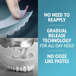 Informational split image showing denture seal application and text about gradual release hold