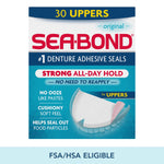 Front-facing product box for SEA·BOND denture adhesive seals for uppers with branding and feature callouts