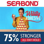SEA•BOND ad with person and stack of food highlighting ‘75% stronger all-day hold’ claim