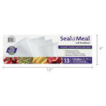 Seal a Meal product box with measurement graphics showing 12-inch width and 4-inch height alongside packaging art