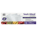 Wide view of Seal a Meal box artwork showing stacked textured vacuum bags and colorful produce strip