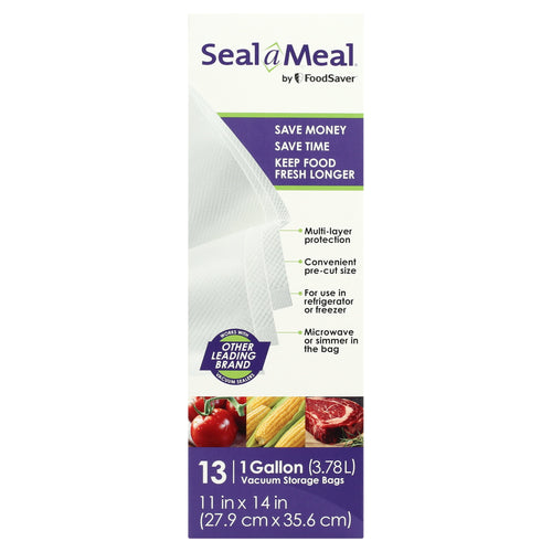 Seal a Meal branded box front showing vacuum storage bags, product benefits and food photos