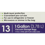 Close-up of Seal a Meal packaging text showing ‘13 1 Gallon Vacuum Storage Bags’ and feature bullets