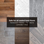 Collage of sealed hard floor samples with overlaid text stating safe for hardwood, marble, tile, stone, laminate, vinyl.