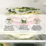 Vacuum-sealed sliced vegetables shown stacked in a refrigerator drawer with three feature icons and product benefit text