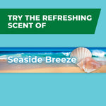 Graphic banner advertising the 'Seaside Breeze' scent with beach scene and seashells over a blue background