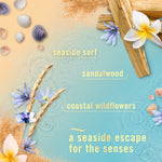 Decorative seaside-themed graphic listing fragrance notes like seaside surf, sandalwood and coastal wildflowers