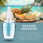 Promotional graphic showing a blue fragrance refill bottle with tropical fruit and flowers and text Seaside Showers