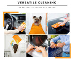 Collage of six scenes showing versatile uses for an orange shammy: car interior, pet wrap, stove top cleaning, and laundry images.