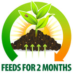 Illustration of a seedling above soil with circular green arrow and text stating it feeds for two months