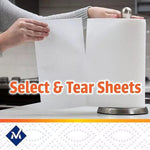 Hands tearing a sheet from a paper towel roll on a stand with 'Select & Tear Sheets' text and Member's Mark logo strip below.