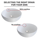 Illustration comparing two sinks: one labeled 'With overflow' and one labeled 'No overflow' to guide drain selection