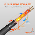 Cutaway illustration of self‑regulating heating cable showing internal heating zones and 150°F max temp