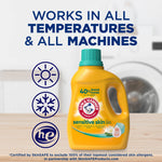 ARM & HAMMER Sensitive Skin detergent bottle on a surface with icons and text stating works in all temperatures