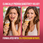 Promotional split image of a woman reacting to ice cream then smiling, with text claiming clinically proven sensitivity relief and potassium nitrate callout.