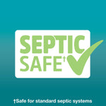 Green and white 'Septic Safe' icon with a checkmark on a teal gradient background and small explanatory text below.