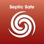 White spiral icon on a red background with the headline 'Septic Safe'