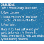Directions panel explaining once-a-month dosage: open container, dump entire box into toilet, then flush.