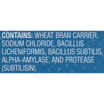 Close-up ingredient panel listing wheat bran carrier, sodium chloride, Bacillus licheniformis and other components.