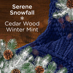 Graphic panel reading ‘Serene Snowfall’ with scent notes cedar wood and winter mint, pine sprigs and knit texture.