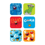 Sheet of six colorful Sesame Street character square stickers with Elmo, Cookie Monster, Oscar and Grover designs