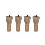 Four tapered wooden legs with metal screw anchors photographed in a row on white background