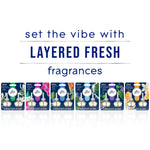 Promotional text "set the vibe with LAYERED FRESH fragrances" above a row of assorted Glade fragrance refill packages