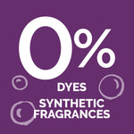 Graphic panel with large “0%” and text stating dyes and synthetic fragrances on a purple background