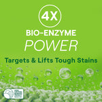Green promotional panel reading '4X BIO-ENZYME POWER' with bubbles and USDA Certified Biobased Product seal