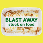 Dirty rectangular baking dish with text overlay “BLAST AWAY stuck on food” on a yellow background.