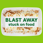 Soiled rectangular baking dish with burned-on food and overlay text 'BLAST AWAY stuck on food' on green background.