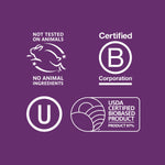 Purple icon panel showing certified B Corporation, not tested on animals and USDA certified biobased product logos