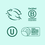 Four certification and quality icons including leaping bunny, Certified B, kosher symbol, and USDA biobased mark on pale green.