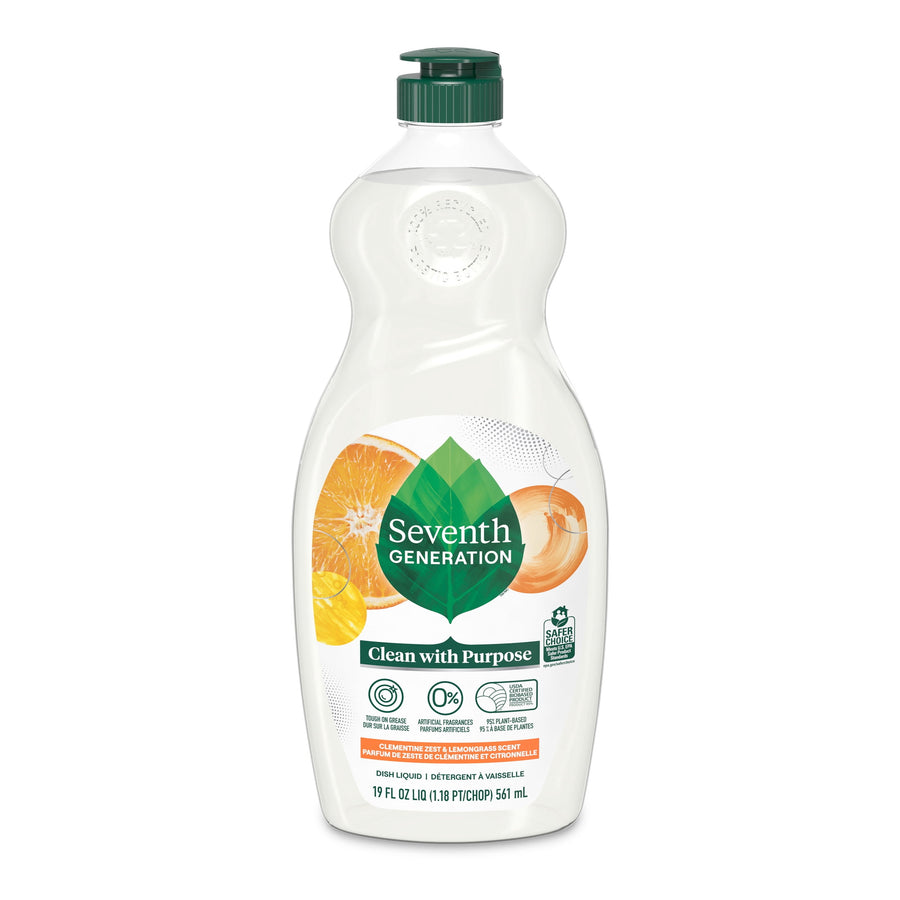Clear bottle of Seventh Generation dish liquid with clementine illustration and green leaf logo on white background