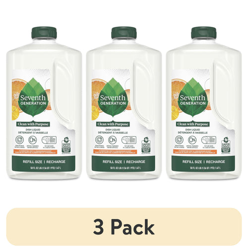 Three clear refill bottles of Seventh Generation clementine zest & lemongrass dish liquid shown side by side on white background.